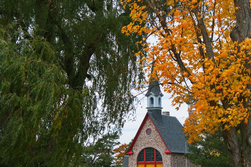 Maison à toiture pentue entourée d'arbres d'automne